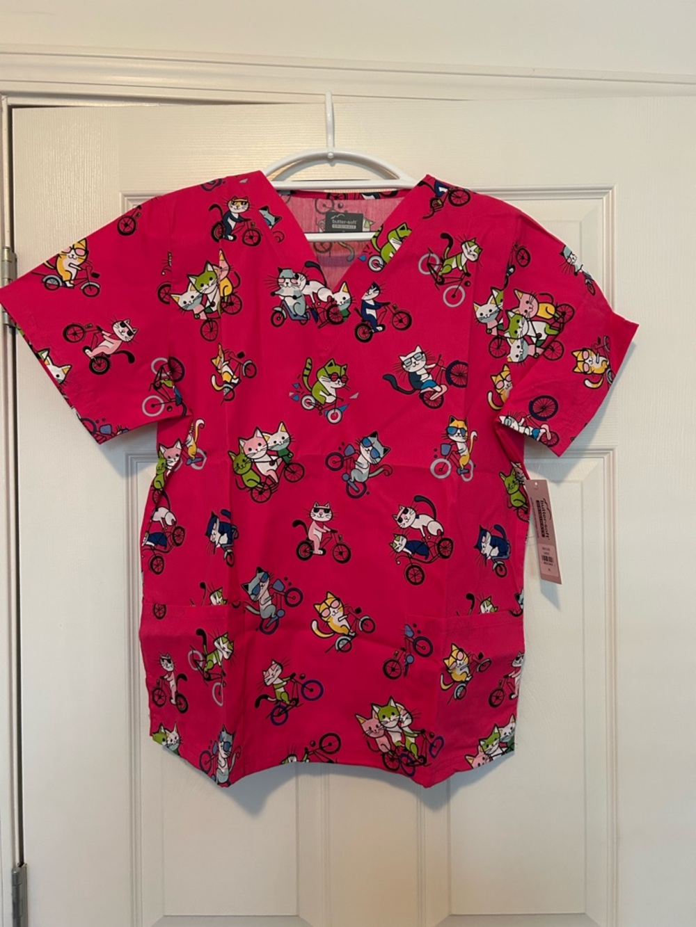 Uniform Advantage Hot Pink Cat Bike Print Medical Scrub Top